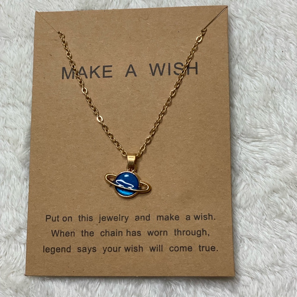Planet Saturn Necklace ~ outer space w Make a Wish card solar system sky